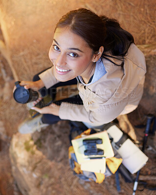 Buy stock photo Woman, travel and hiking, fitness and adventure portrait with coffee break, explorer and trekking through nature. Outdoor, workout and hike in Peru with health and active motivation, happy top view.