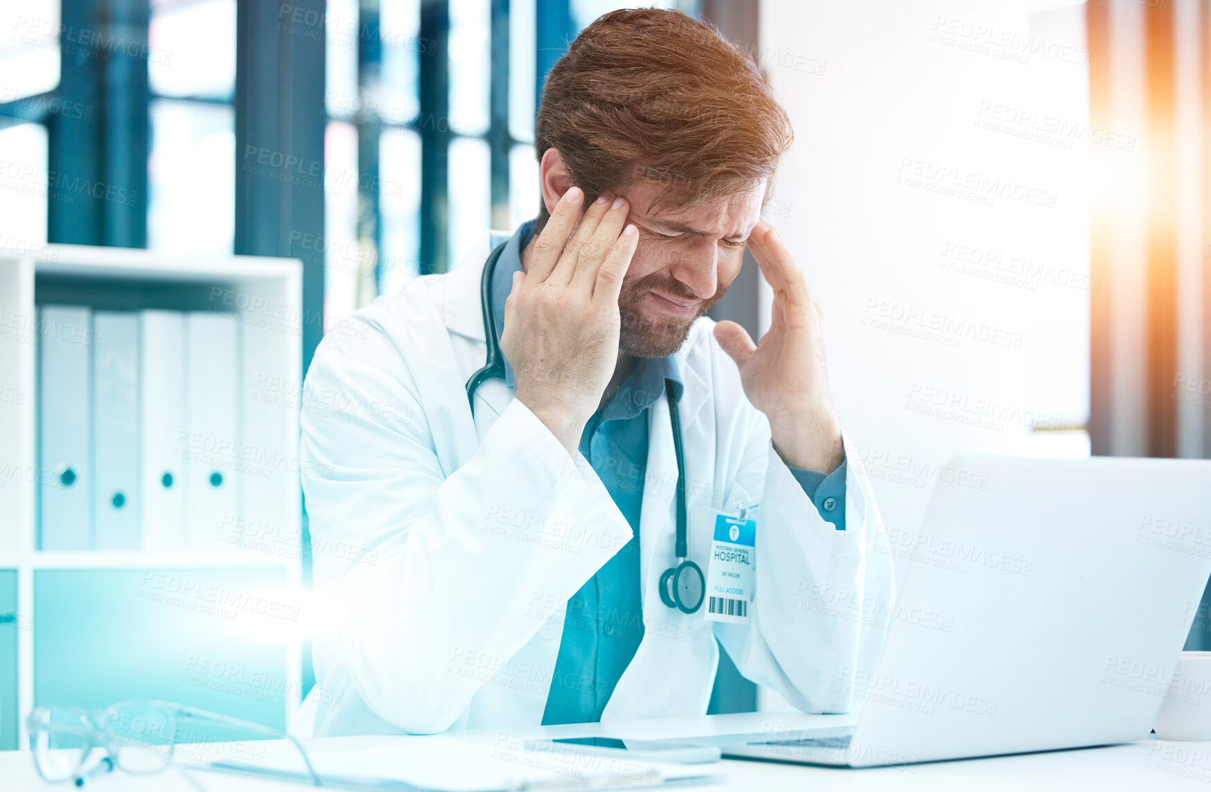 Buy stock photo Doctor, headache and hospital computer of a healthcare man worker with stress about life insurance. Health consulting, anxiety and burnout of a employee with a 404 and laptop glitch data problem
