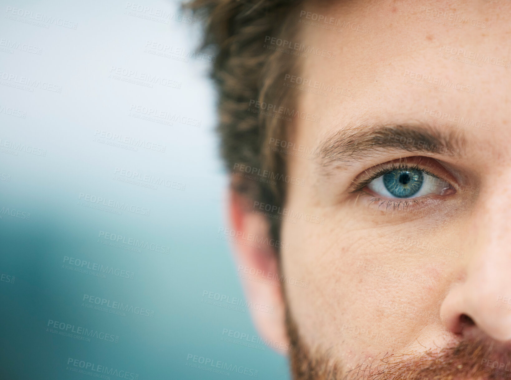 Buy stock photo Half face, eye and man with free space for advertising and marketing eye care, contact lenses and vision for bright future. Macro of blue eyes male for security, biometrics and identity recognition