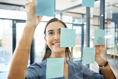 Buy stock photo Agenda, writing or woman with sticky notes for goals, our vision or mission for a startup company in an office building. Smile, creative or happy employee planning ideas or a productivity schedule