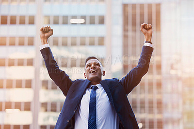 Buy stock photo Businessman, success and winner with happy corporate employee, promotion or bonus with win and positive reaction. Motivation, achievement and victory at work with growth and development in career.