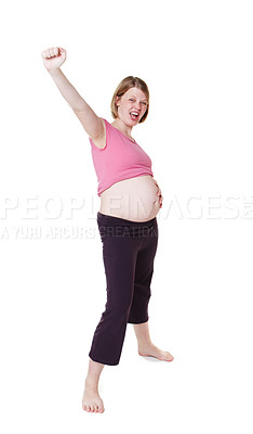 Buy stock photo Success, motivation and winner mindset of a pregnant woman celebrating her pregnancy announcement. Excited, happy and achievement celebration of a future mother with energy feeling good in her body