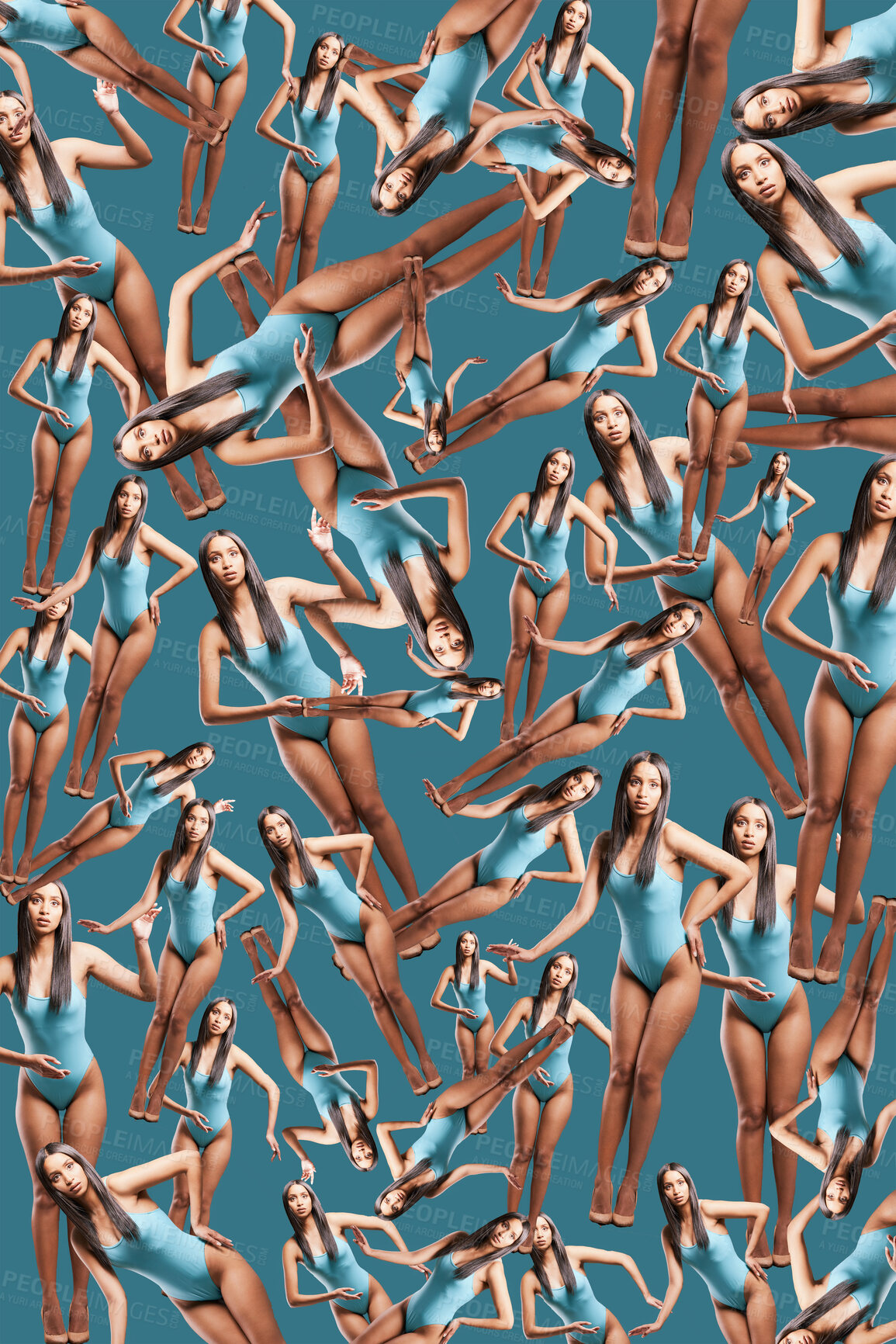 Buy stock photo Montage, collage and fake beauty standards with a young woman posing with doll like body language. Beauty, fashion and swimwear with a female standing like a mannequin to model trendy summer style
