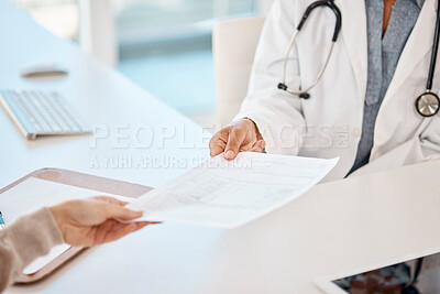 Buy stock photo Healthcare, medicine and prescription medication with a doctor and patient in a consult during an appointment. Medical aid or care, insurance and history or background of illness in a hospital