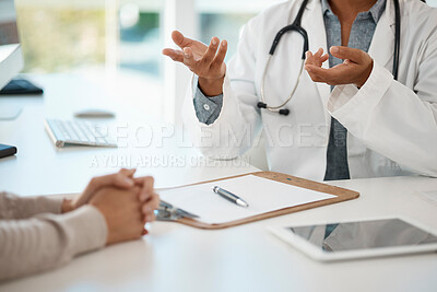 Buy stock photo Hands of medical doctor consulting with patient, giving healthcare advice and discussing sickness sitting at a table at a hospital. Expert, professional and helping gp explaining healthcare problem
