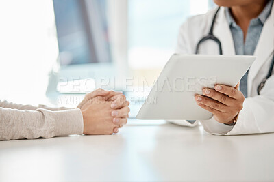 Buy stock photo Doctor giving advice, showing results and consulting woman patient in a clinic or medical facility. Healthcare professional sharing an opinion, diagnosis or results on a tablet to a lady in an office