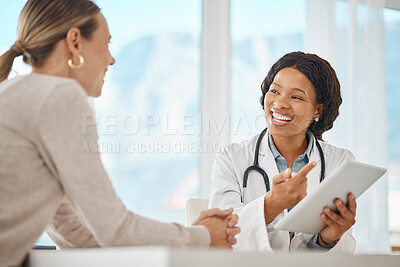 Buy stock photo Doctor with patient and tablet showing lab results, good news for health insurance or medical cure in consultation visit or appointment. Healthcare worker with digital report giving advice to patient