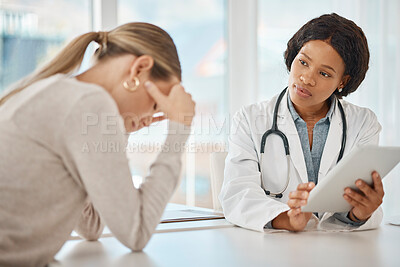 Buy stock photo Supporting, consoling and comforting a patient with a doctor consulting a woman in the hospital during a medical appointment. Discussing negative test results during medicine and healthcare check up