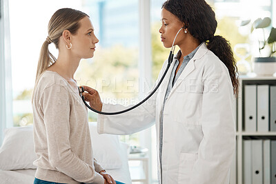 Buy stock photo Doctor listening to patient breathing, heartbeat and lungs for respiratory test or consult in a hospital using stethoscope. Cardiology expert screening for pneumonia, bronchitis and tuberculosis