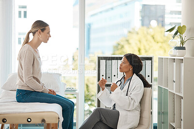Buy stock photo Doctor appointment, consulting and talking to patient discussing test results and process, procedure or treatment plan. Gynecologist, medical healthcare worker or GP explaining checkup at hospital