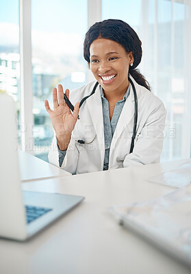 Buy stock photo Online consult, remote appointment and waving with a female doctor discussing treatment and care with a laptop in her office. Healthcare, medicine and advice with a friendly medical practitioner
