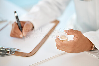 Buy stock photo Prescription, pharmacy and medicine with doctor, healthcare worker or physician handing drugs treatment. Pharmacist or medical specialist writing out form for recovery, cure or antibiotics