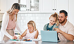 Mother and father helping daughters with homework together in the kitchen of a happy family house. Mom, dad and education writing with kids using teamwork. Smile, parents and school children studying