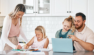 Buy stock photo Mother and father helping daughters with homework together in the kitchen of a happy family house. Mom, dad and education writing with kids using teamwork. Smile, parents and school children studying