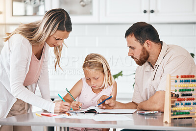 Buy stock photo Family doing school work with a child, doing homework together and completing education at home. Little girl working on class task with mom and dad, writing notes in book and drawing picture