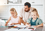 Education, learning and homework with a little girl, her sister and her dad drawing, writing or coloring in the kitchen at home. Single father helping, assist and teaching his daughters about school