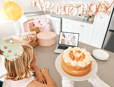 Buy stock photo Birthday party during covid, video call and celebration with friends and family on Zoom. Girl having a internet, cyber or virtual social distancing gathering with cake and presents during pandemic