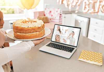 Buy stock photo Family, birthday party and a laptop video call, zoom and online celebration in lockdown, quarantine and social distancing. Children and distant friends celebrating event with cake and dessert at home