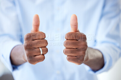 Buy stock photo Thumbs up for success, support hand sign and showing pleased symbol while standing at work. Closeup of professional, business and corporate emoji hands expressing motivation, satisfied and winning