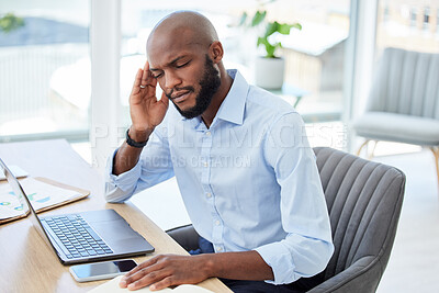Buy stock photo Burnout, headache and stressed businessman working on laptop with problem, bad mental health or stressful job. Male manager rubbing head and feeling overworked, tired or exhausted at web tech company