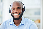 Crm customer support, service and web help worker on an office online 5g phone consultation. Portrait of a happy internet call center employee with headset working and doing digital tech consulting