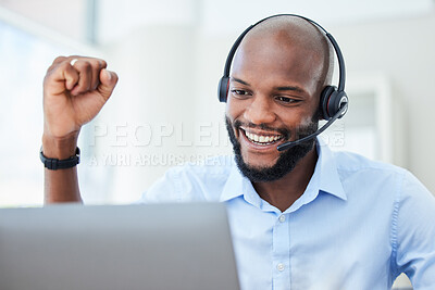 Buy stock photo Cheering, excited and celebrating call center agent, sales man and lucky trader winning bonus, amazing success and awesome victory. Operator, winner and trading with motivation, passion and good news