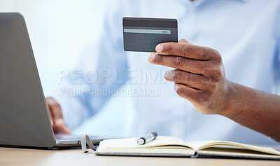 Buy stock photo Online payment with credit card, shopping or buying products on a laptop from a internet, web or cyber retail store. Customer, client or business man making purchase using electronic banking closeup