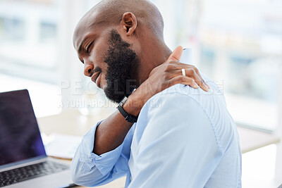 Buy stock photo Shoulder injury in pain businessman at office after physiotherapy for muscle relief and burnout from company work. Corporate man in physical therapy healing from back treatment from physiotherapist