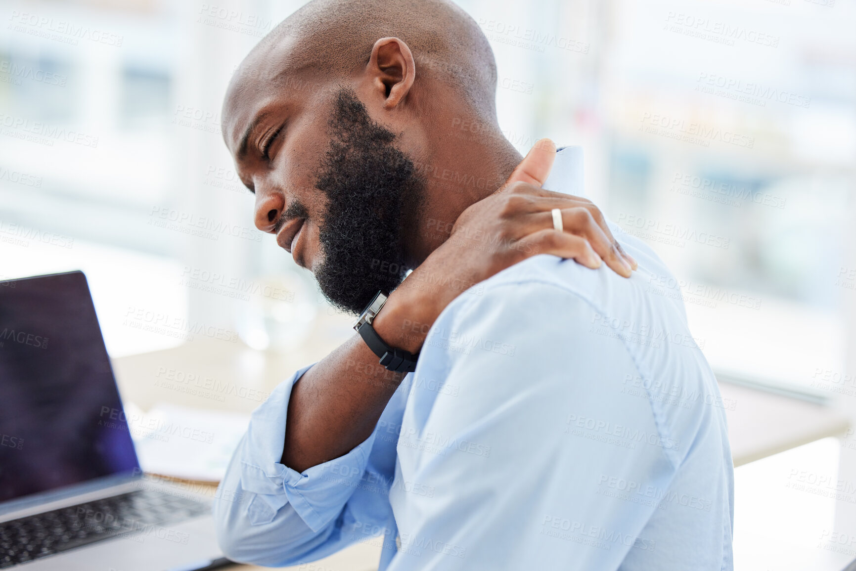 Buy stock photo Shoulder injury in pain businessman at office after physiotherapy for muscle relief and burnout from company work. Corporate man in physical therapy healing from back treatment from physiotherapist