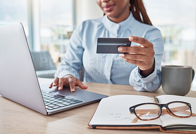 Buy stock photo Credit card, money or finance with an accountant processing a bank payment for payroll or online shopping on a laptop in an office. Laptop banking, ecommerce and accounting with a business woman