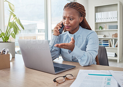 Buy stock photo Angry, phone and stressed black woman on a business call about tax, audit and compliance email on laptop at office desk. Employee working mad, internet and tech glitch on the website of the company