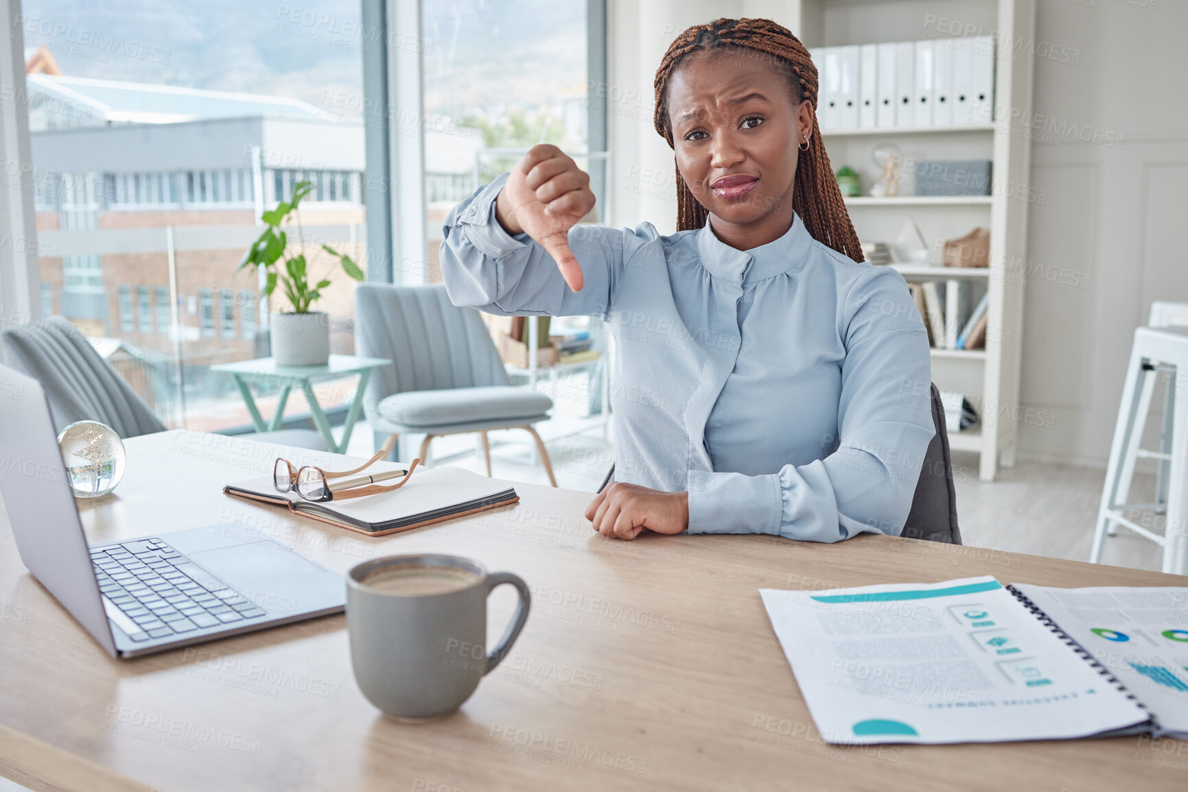 Buy stock photo Thumbs down, negative and fail with a business woman denying, declining or rejecting an application in her office at work. Fired, unemployment and job loss with a female leader delivering bad news