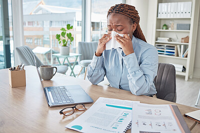 Buy stock photo Flu, sick or cold person blowing nose, sneezing with tissue and ill while working in office at work. Professional, corporate and black female business woman suffering from allergies, virus or disease