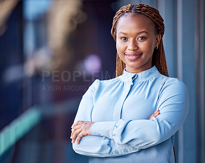 Buy stock photo Confident, proud and satisfied business woman standing with arms crossed at office, ceo showing smile and leader working corporate on balcony at work. Portrait of black female boss expressing success