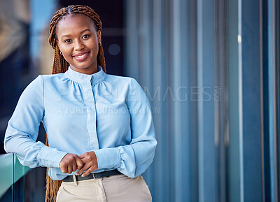 Buy stock photo Corporate business woman standing on balcony outside at work, taking a break and looking confident. Portrait of a professional, smiling and cheerful black female manager expressing leadership