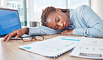 Sleeping, burnout and tired business woman exhausted after extra office working hours, overtime and sleepless or restless nights. Overworked, sleepy and professional finance woman lying out on desk
