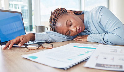 Buy stock photo Sleeping, burnout and tired business woman exhausted after extra office working hours, overtime and sleepless or restless nights. Overworked, sleepy and professional finance woman lying out on desk