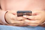 Texting, closeup and hands holding phone while typing an email or memo. Communication, social media and connectivity in modern network. 5g connection with smartphone and browsing internet with wifi.