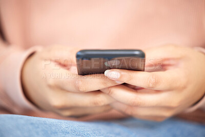 Buy stock photo Texting, closeup and hands holding phone while typing an email or memo. Communication, social media and connectivity in modern network. 5g connection with smartphone and browsing internet with wifi.