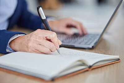 Buy stock photo Typing, reading and writing business man working with a notebook, office computer and journal. Hands closeup of a finance worker multitasking and planning a company project or client strategy