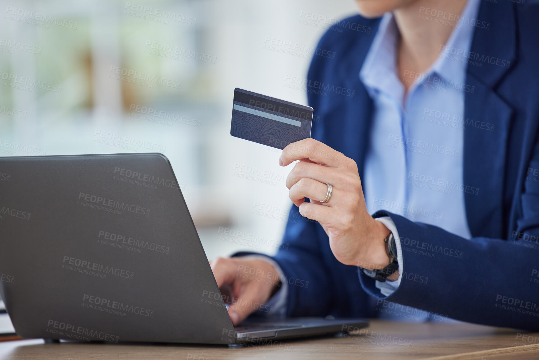 Buy stock photo Internet banking, online shopping and paying business budget, bills and money with credit card, laptop and ecommerce. Closeup of a finance executive trading with fintech transaction in an office