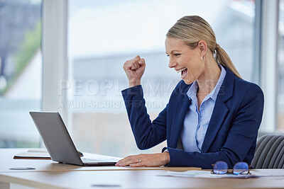 Buy stock photo Happy business woman celebrating success on laptop at work, reading email with good news and cheering for victory in office at work. Smiling, professional and corporate female boss trading online