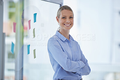 Buy stock photo Female leadership, innovation and project management manager or businesswoman portrait in office workplace. Happy business leader with a vision for success, corporate growth and company development
