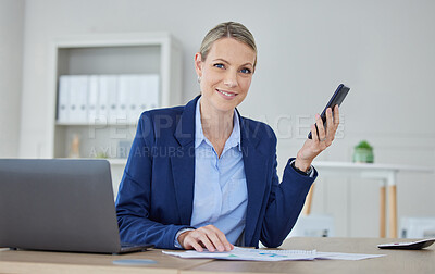 Buy stock photo Business woman, accounting executive and finance manager planning on phone while reading data, strategy and paperwork for report in an office. Portrait of a leader, analyst and worker with analytics