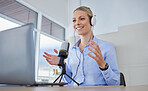 Podcast, radio interview or working digital web presenter live streaming talking to an audience. Internet voice talent, speaker or influencer with headphones and microphone talk online about business