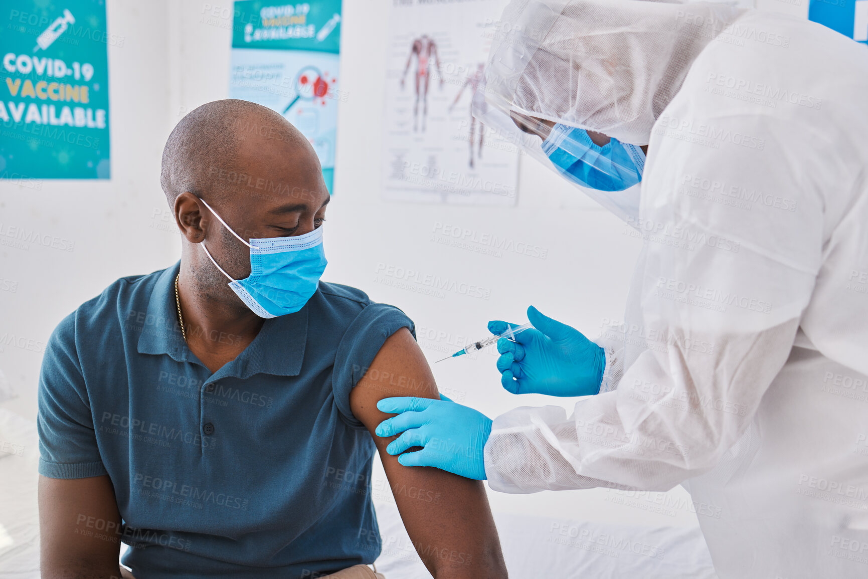 Buy stock photo Covid vaccine, injection and disease cure given with needle and syringe by a doctor in a clinic. Patient getting a flu jab, antiviral shot and health treatment to boost immunity and prevent illness