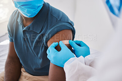 Buy stock photo Hospital nurse, covid vaccine flu shot and patient with mask, bandage plaster arm, medical doctor or healthcare professional worker. Coronavirus epidemic and disease control by medical expert.