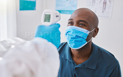 Buy stock photo Man doing covid temperature check with medical doctor, checking for fever during checkup and wearing a mask to protect from virus. Expert, professional or healthcare worker consulting and doing exam