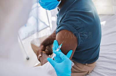 Buy stock photo Vaccine, injection or medicine cure for covid, monkeypox and ebola with trust doctor, healthcare or medical worker. Physician in hazmat suit with wellness treatment for patient arm at hospital clinic