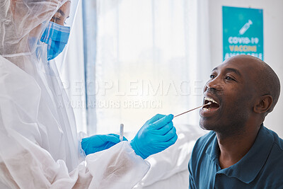 Buy stock photo Doctor, healthcare and covid test using swab in mouth of a patient to collect specimen at testing center. Medical professional in hazmat suit for hygiene while working with coronavirus in a hospital